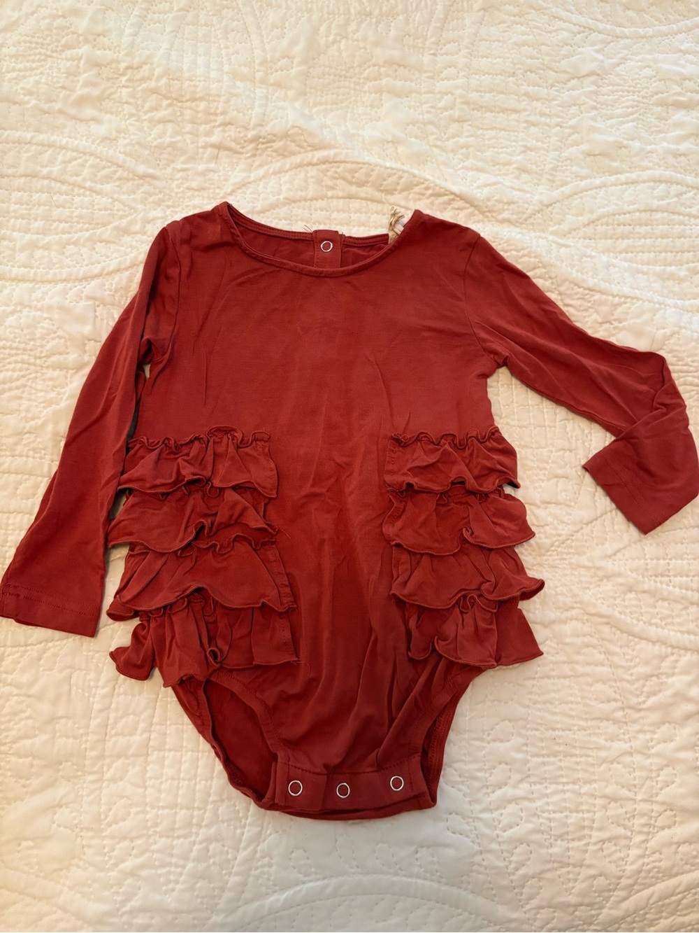 Kate Quinn Girls' Long Sleeve Ruffle One-Piece - Deep Red Rust